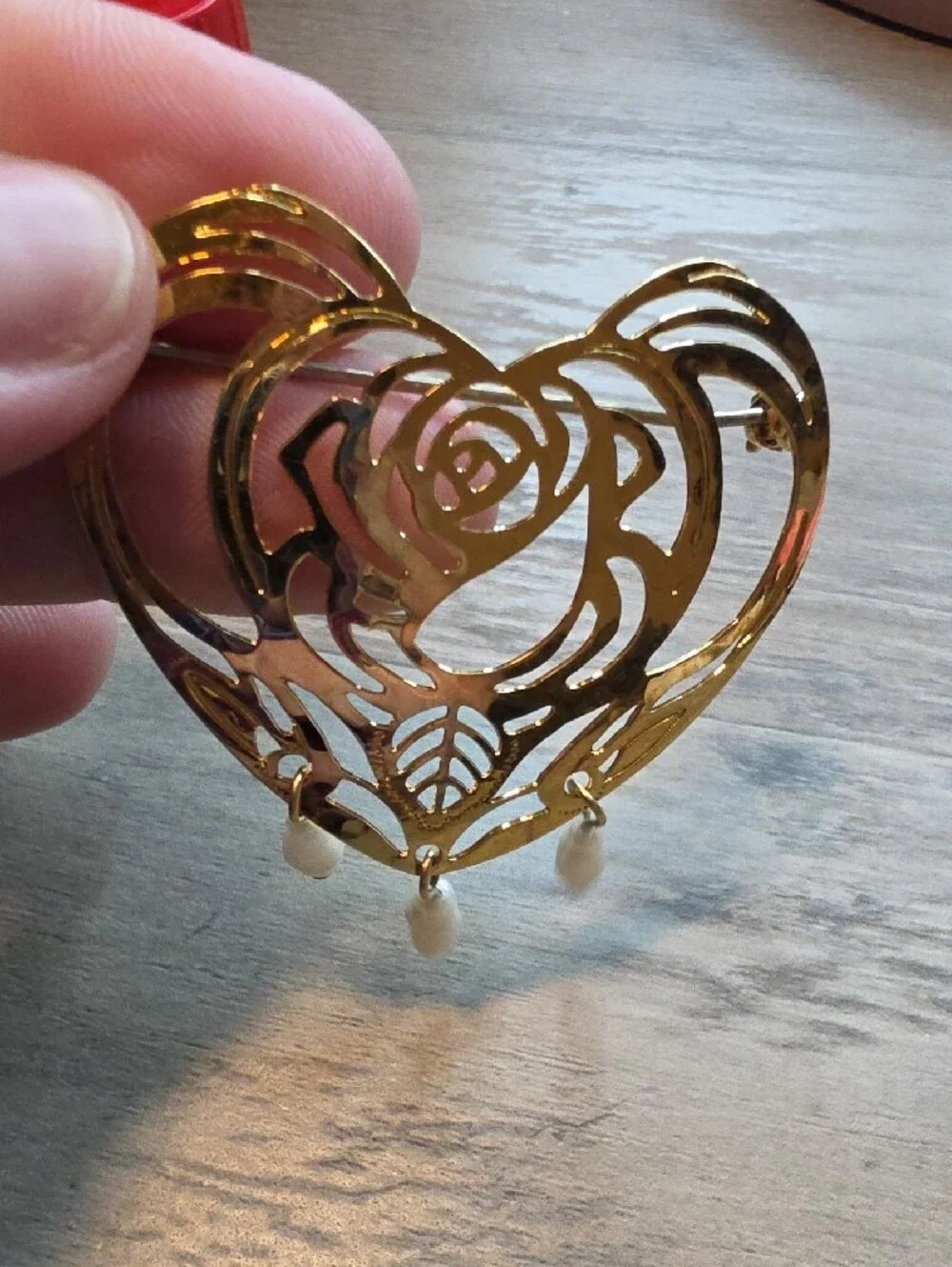 Gold Heart Filigree Brooch with Pearl Drops